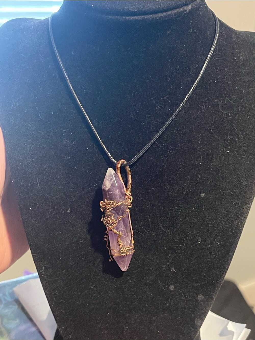 Handcrafted Amethyst Point Pendant Necklace in Purple with Copper Wire